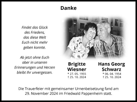 Traueranzeige von Brigitte und Hans Georg Wiesner und Schwarz von OF