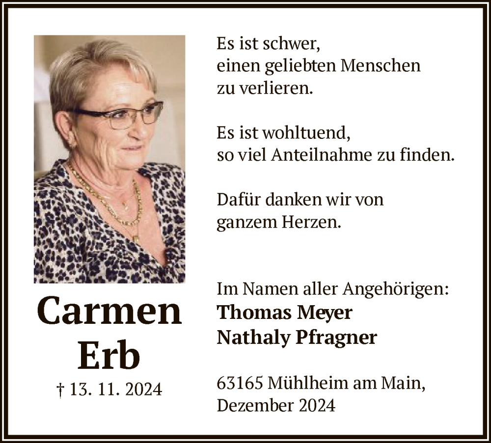  Traueranzeige für Carmen Erb vom 14.12.2024 aus OF