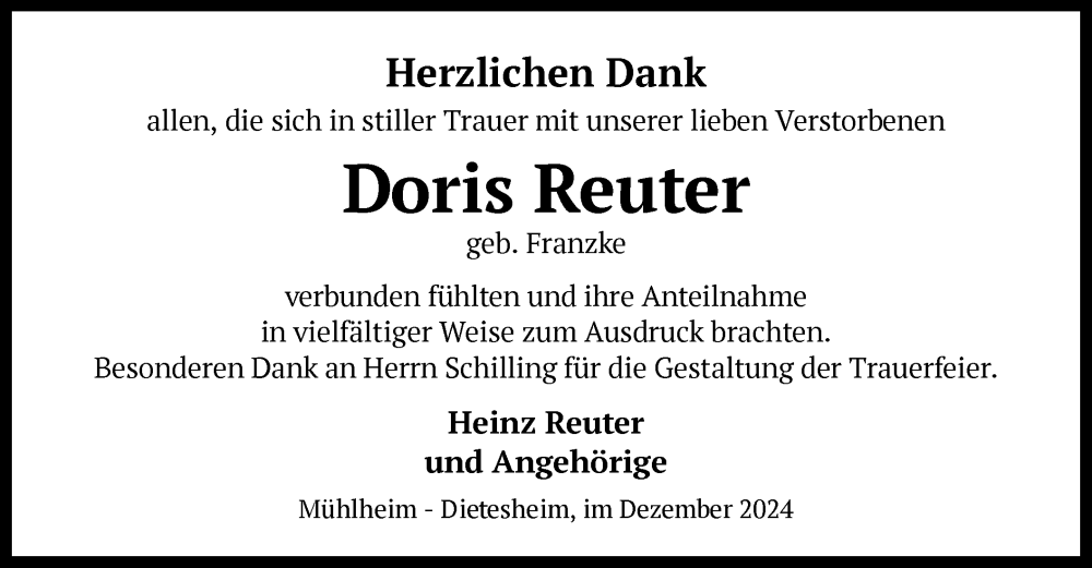  Traueranzeige für Doris Reuter vom 21.12.2024 aus OF