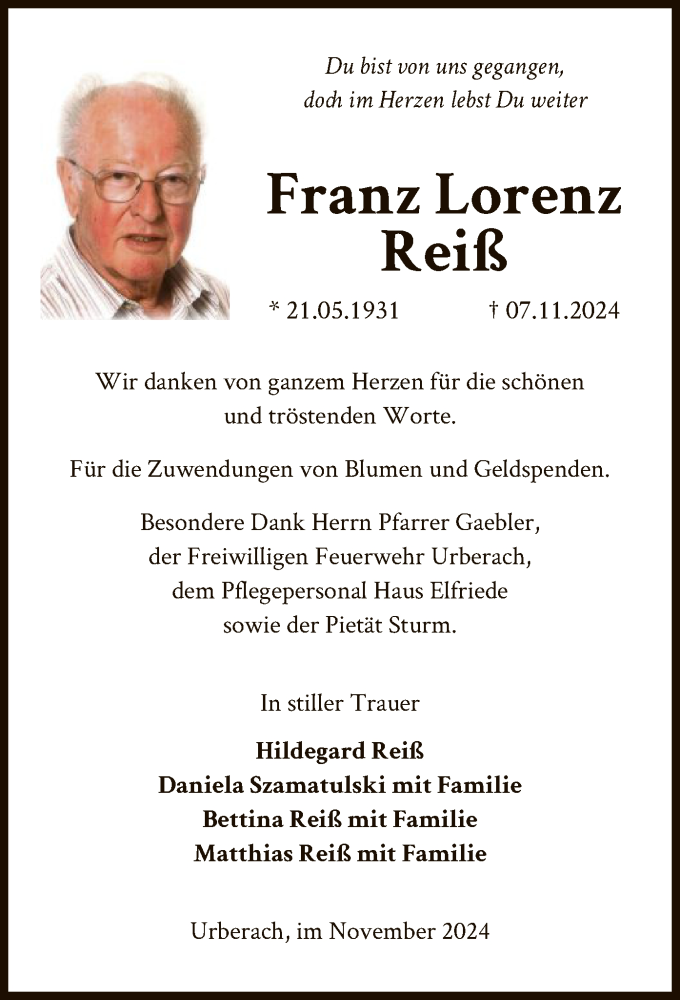  Traueranzeige für Franz Lorenz Reiß vom 07.12.2024 aus OF