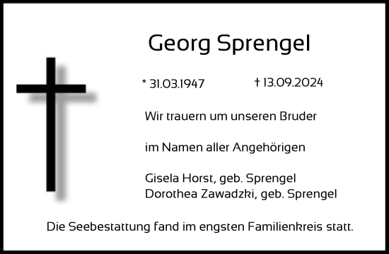 Traueranzeige von Georg Sprengel von OF