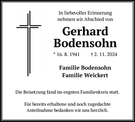 Traueranzeige von Gerhard Bodensohn von OF