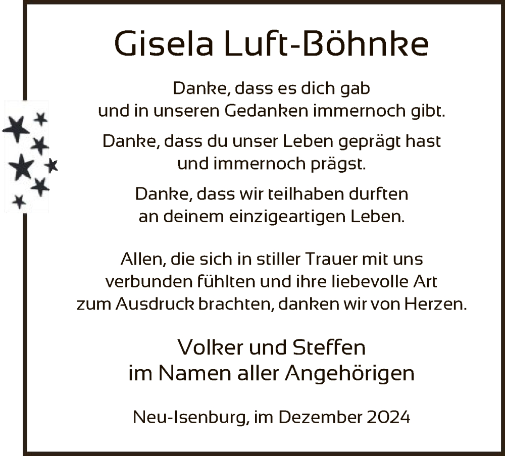  Traueranzeige für Gisela Luft-Böhnke vom 07.12.2024 aus OF