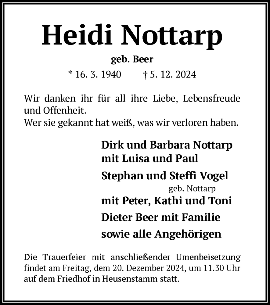  Traueranzeige für Heidi Nottarp vom 14.12.2024 aus OF
