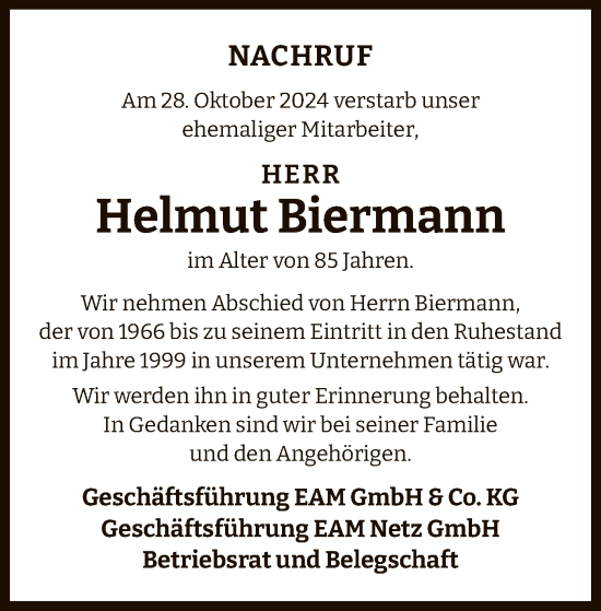 Traueranzeige von Helmut Biermann von OF