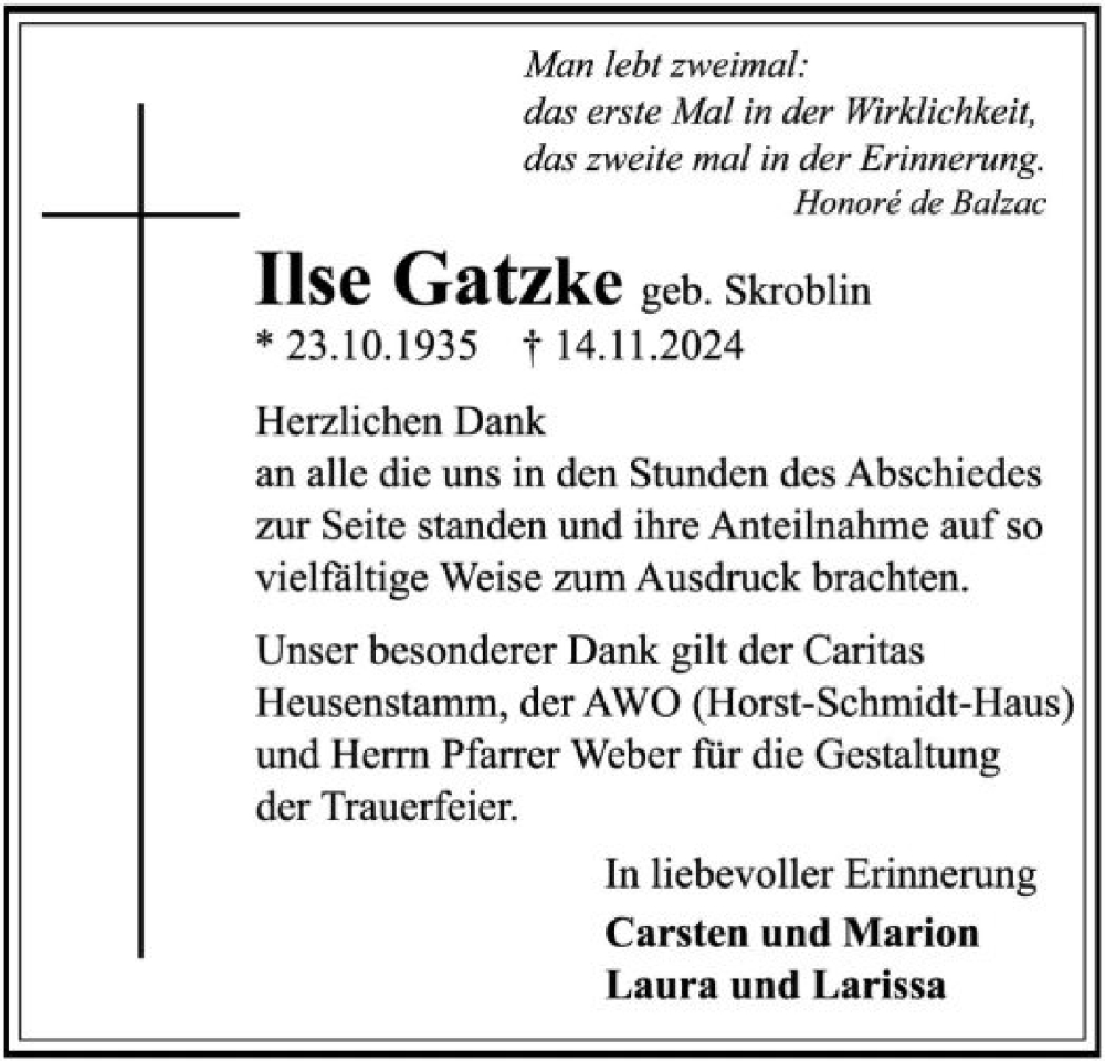  Traueranzeige für Ilse Gatzke vom 07.12.2024 aus OF