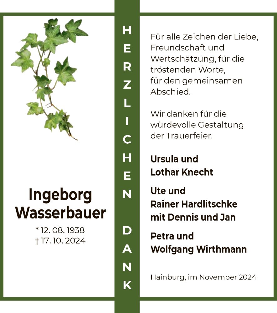  Traueranzeige für Ingeborg Wasserbauer vom 07.12.2024 aus OF