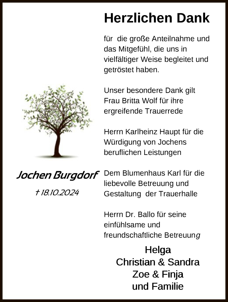  Traueranzeige für Jochen Burgdorf vom 07.12.2024 aus OF