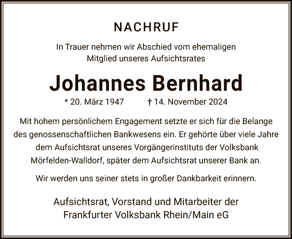  Traueranzeige für Johannes Bernhard vom 13.12.2024 aus OF