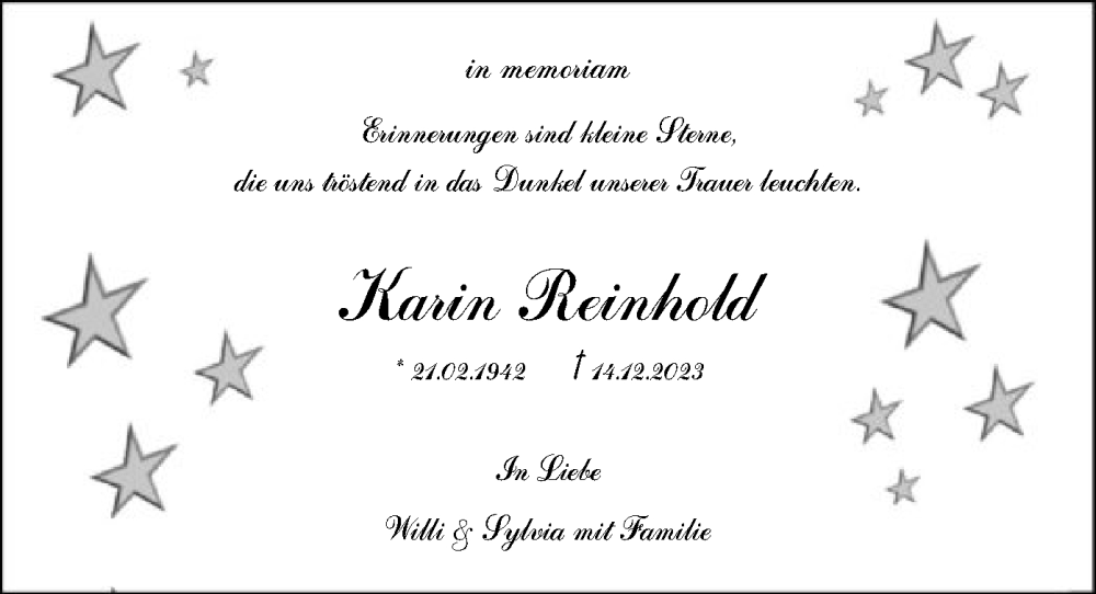  Traueranzeige für Karin Reinhold vom 14.12.2024 aus OF