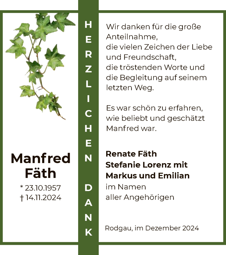  Traueranzeige für Manfred Fäth vom 21.12.2024 aus OF
