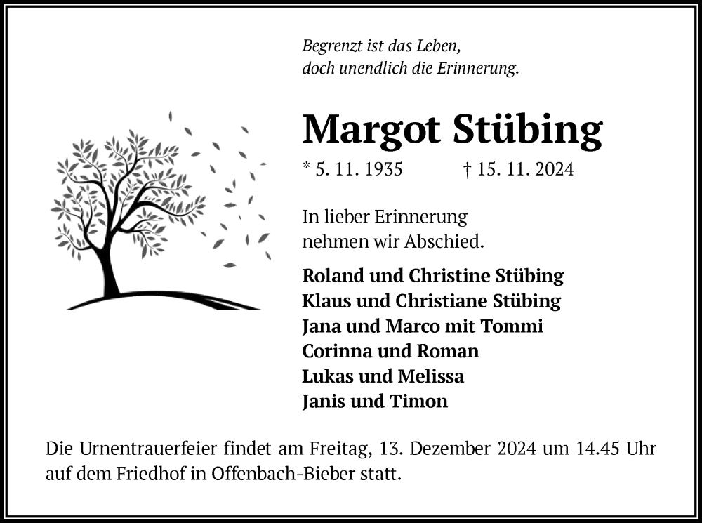  Traueranzeige für Margot Stübing vom 07.12.2024 aus OF