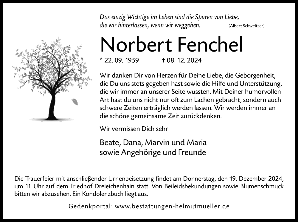  Traueranzeige für Norbert Fenchel vom 14.12.2024 aus OF