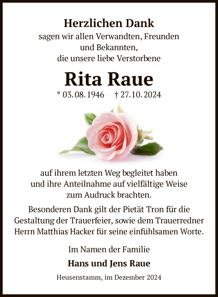  Traueranzeige für Rita Raue vom 07.12.2024 aus OF