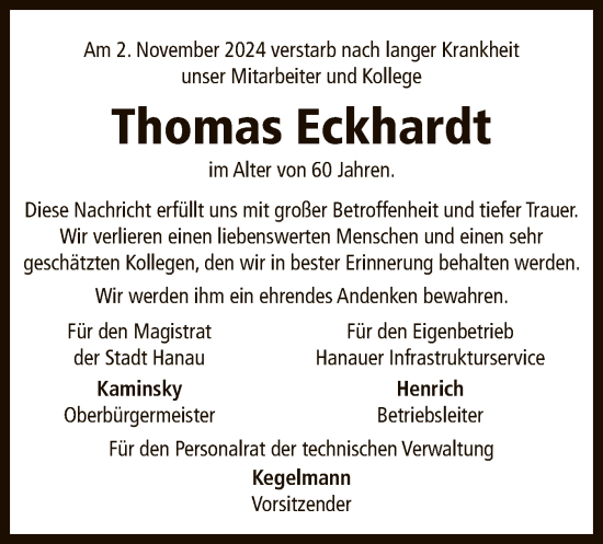 Traueranzeige von Thomas Eckhardt von OF