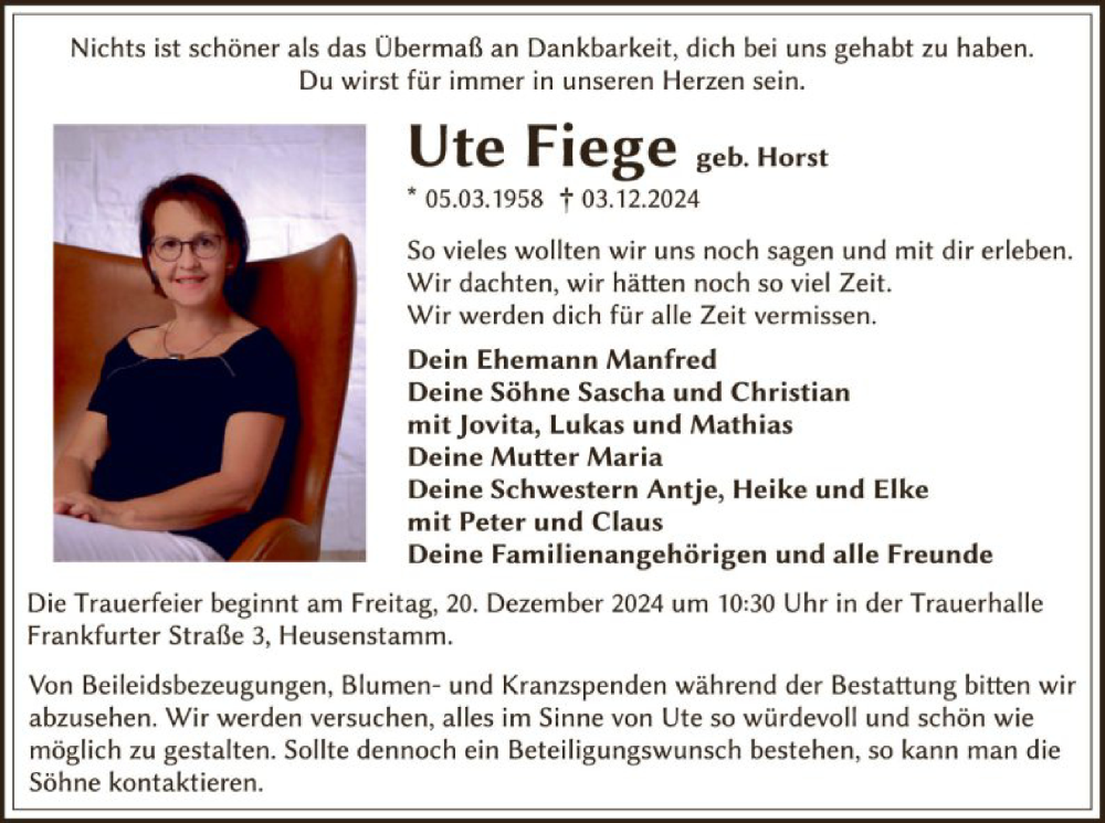  Traueranzeige für Ute Fiege vom 14.12.2024 aus OF