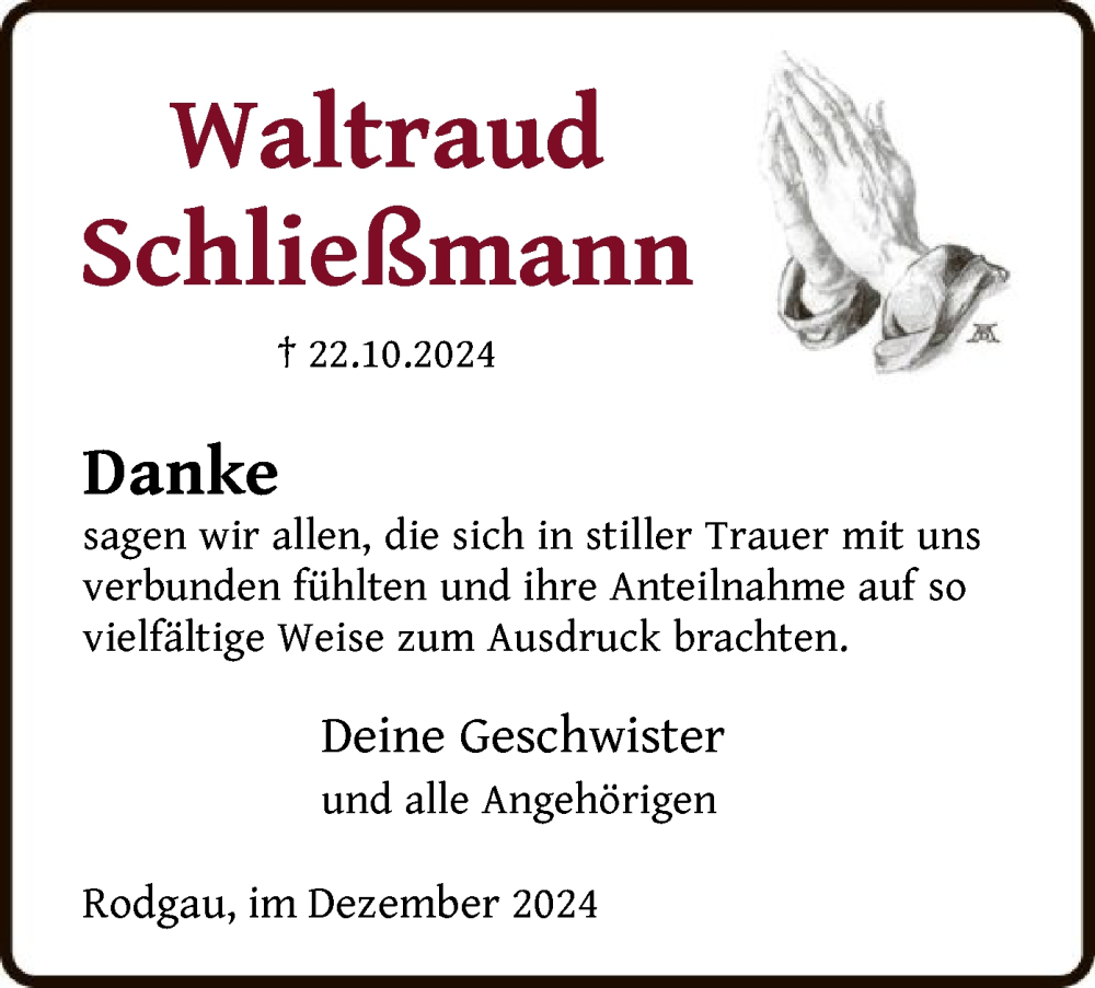  Traueranzeige für Waltraud Schließmann vom 07.12.2024 aus OF