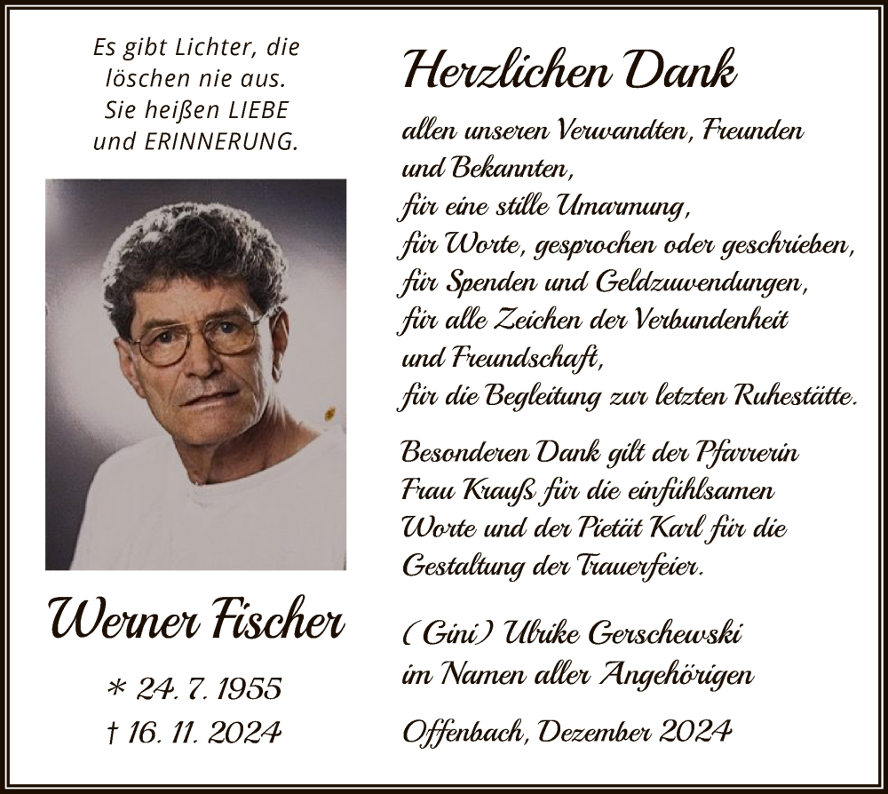  Traueranzeige für Werner Fischer vom 21.12.2024 aus OF