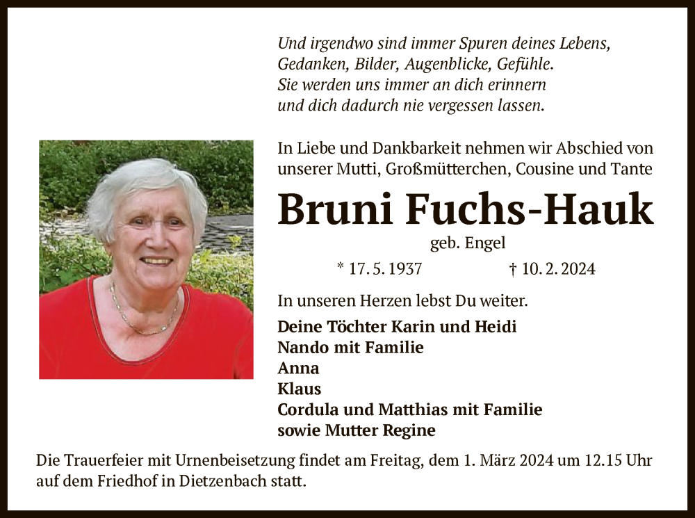  Traueranzeige für Bruni Fuchs-Hauk vom 17.02.2024 aus OF