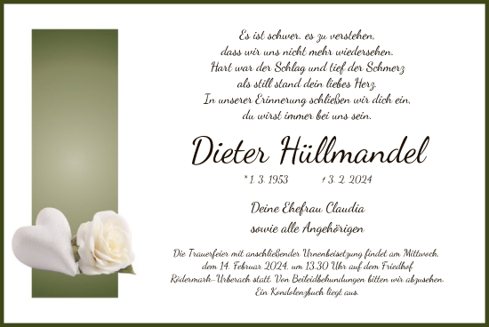 Traueranzeige von Dieter Hüllmandel von OF