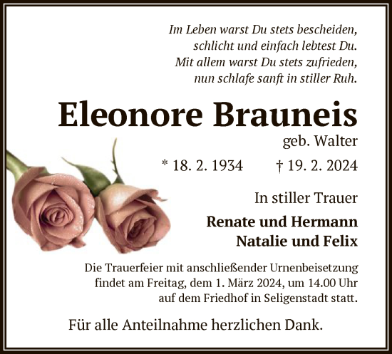 Traueranzeige von Eleonore Brauneis von OF