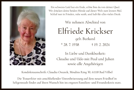 Traueranzeige von Elfriede Krickser von OF