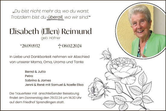 Traueranzeige von Elisabeth  Reimund von OF