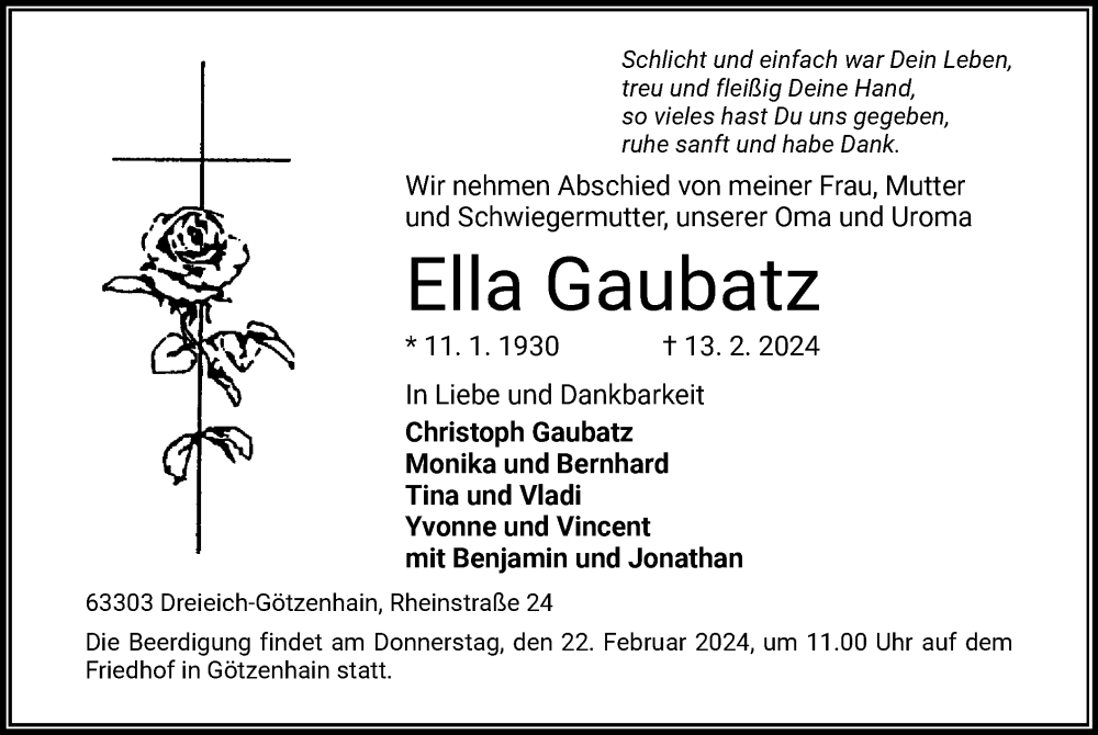  Traueranzeige für Ella Gaubatz vom 17.02.2024 aus OF