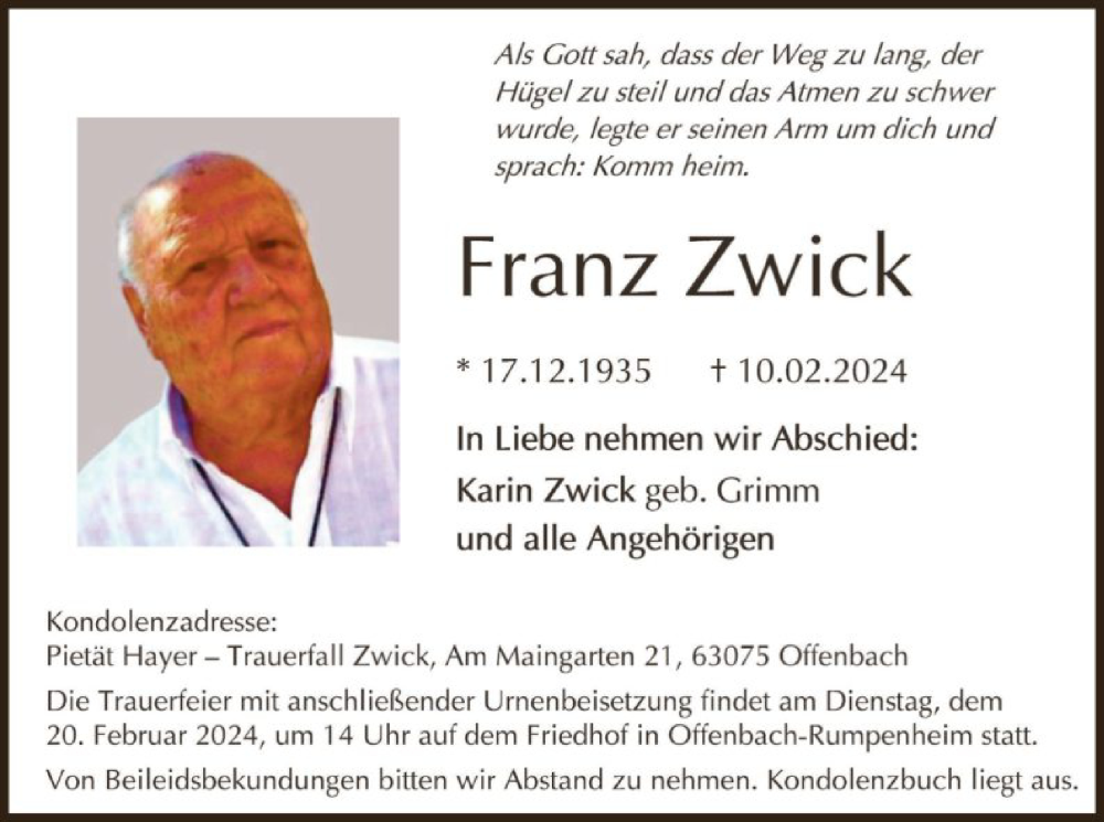  Traueranzeige für Franz Zwick vom 17.02.2024 aus OF