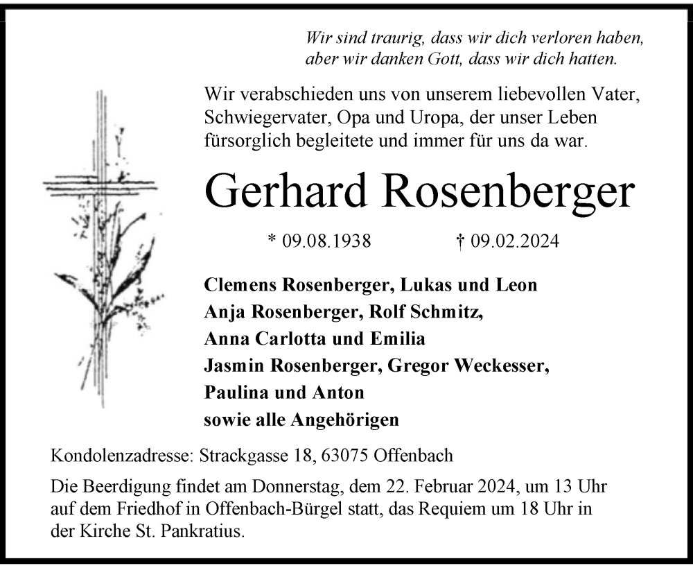  Traueranzeige für Gerhard Rosenberger vom 17.02.2024 aus OF
