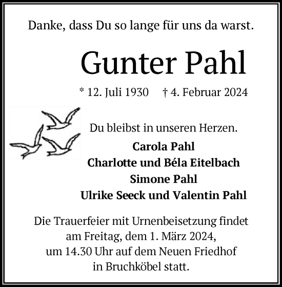 Traueranzeige von Gunter Pahl von OF