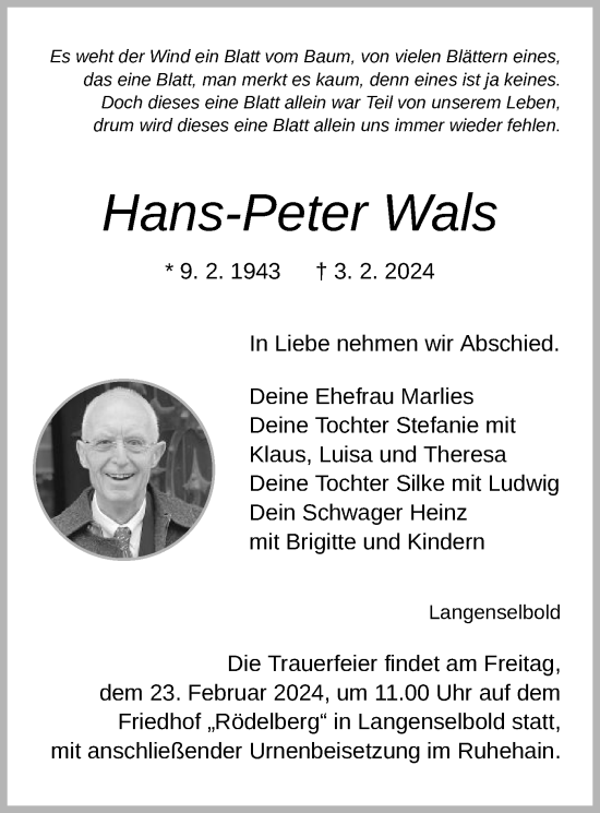 Traueranzeige von Hans-Peter Wals von OF