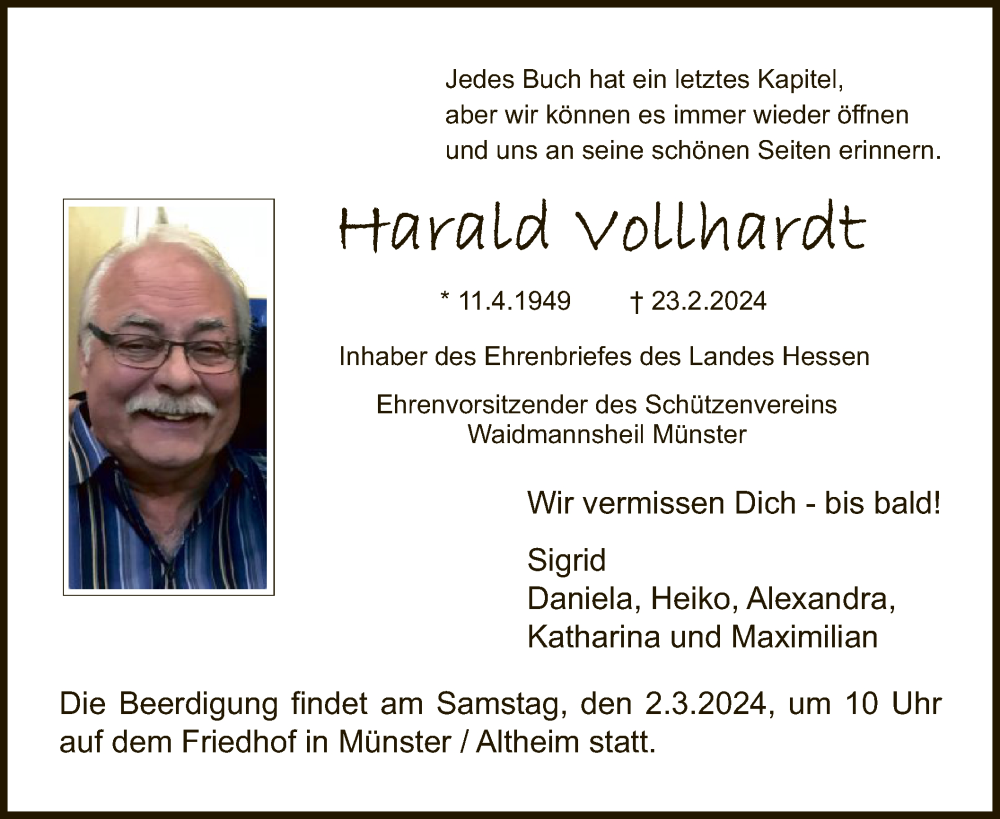  Traueranzeige für Harald Vollhardt vom 29.02.2024 aus OF