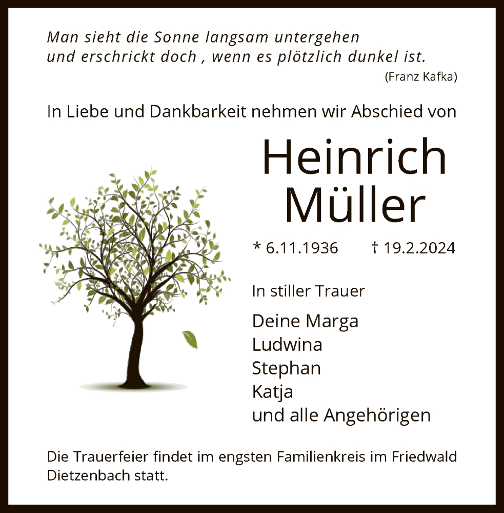  Traueranzeige für Heinrich Müller vom 24.02.2024 aus OF