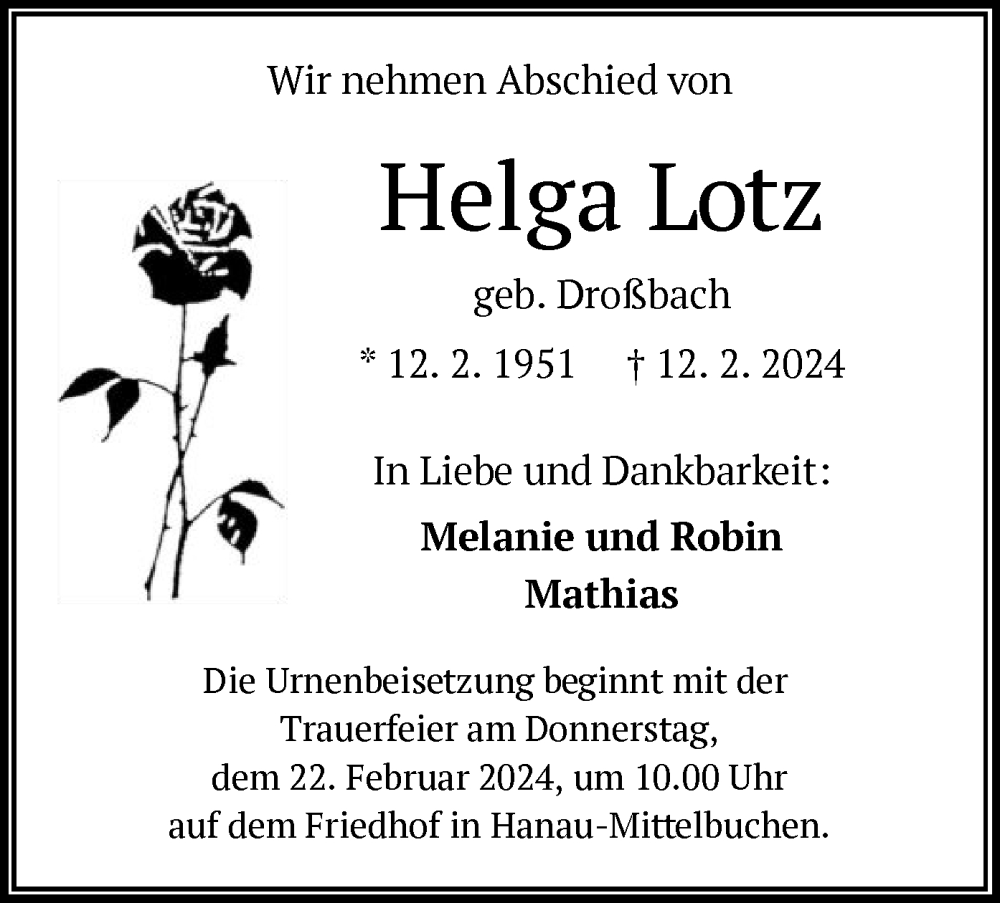  Traueranzeige für Helga Lotz vom 17.02.2024 aus OF