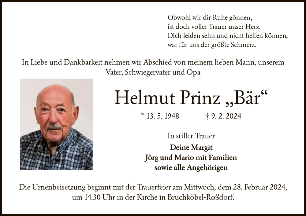  Traueranzeige für Helmut Prinz vom 24.02.2024 aus OF