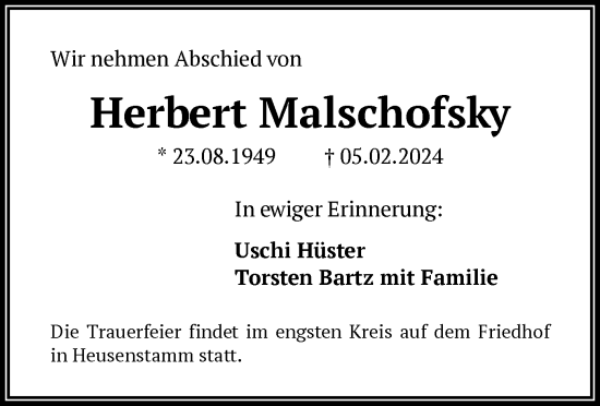 Traueranzeige von Herbert Malschofsky von OF