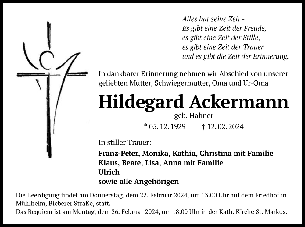  Traueranzeige für Hildegard Ackermann vom 17.02.2024 aus OF