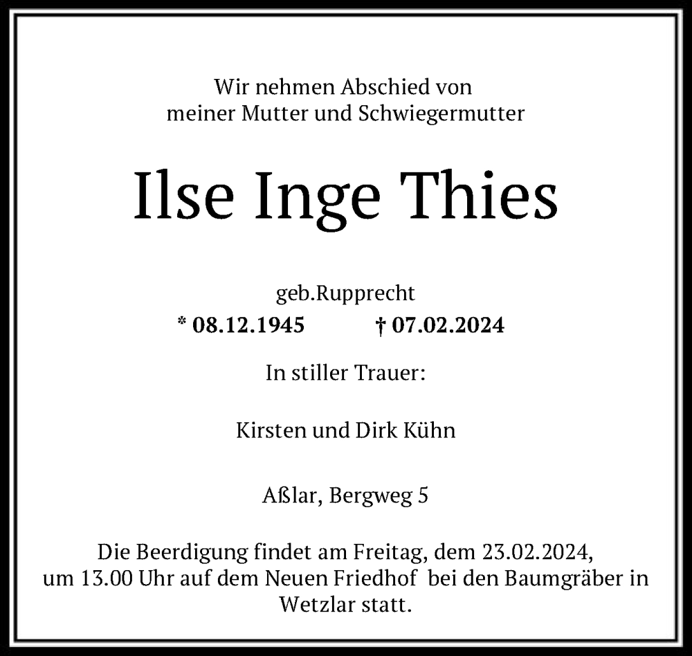 Traueranzeige für Ilse Inge Thies vom 17.02.2024 aus OF