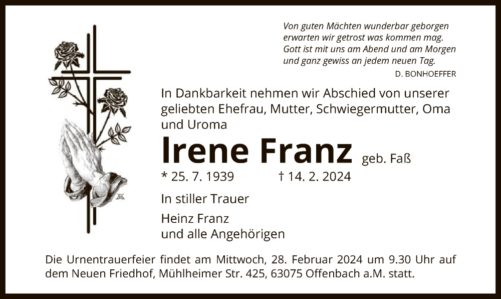  Traueranzeige für Irene Franz vom 17.02.2024 aus OF