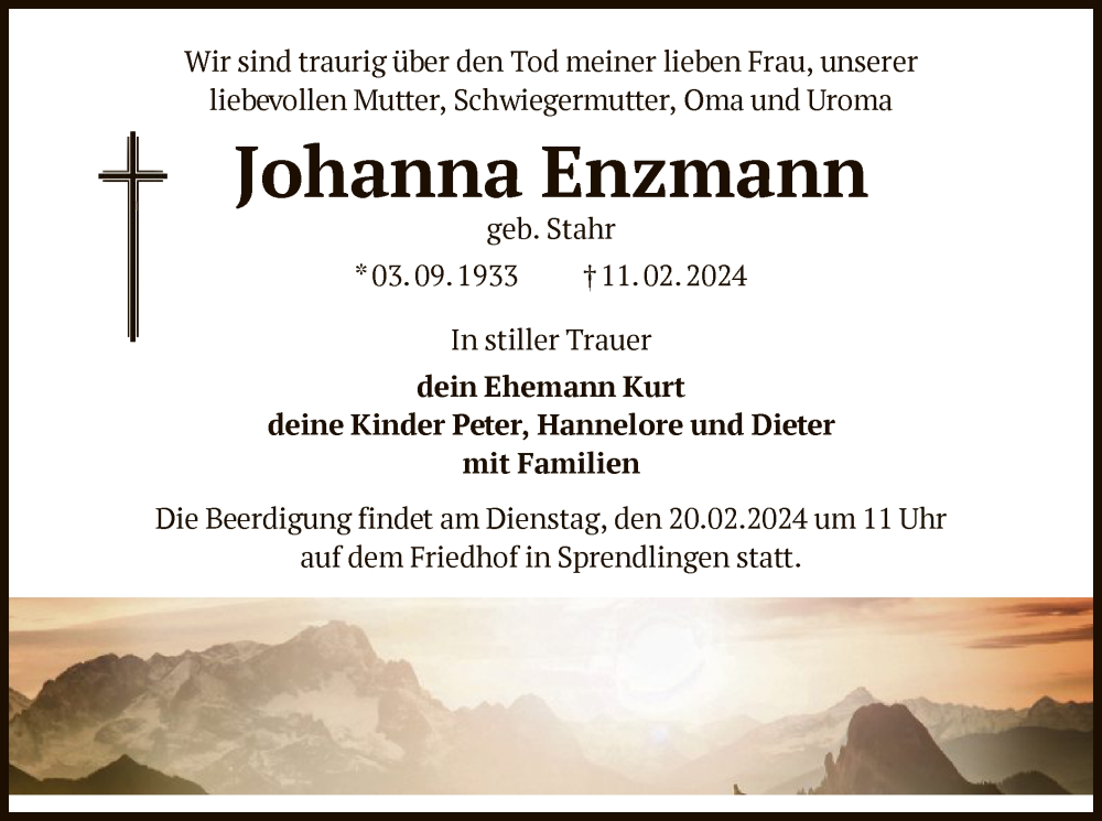  Traueranzeige für Johanna Enzmann vom 17.02.2024 aus OF
