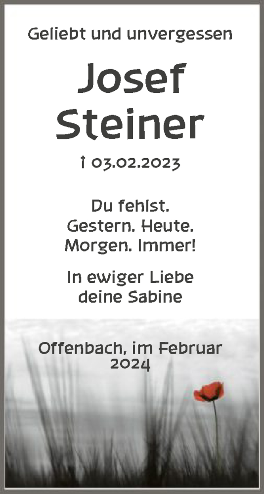 Traueranzeige von Josef Steiner von OF