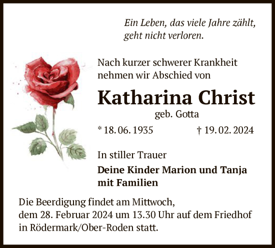 Traueranzeige von Katharina Christ von OF