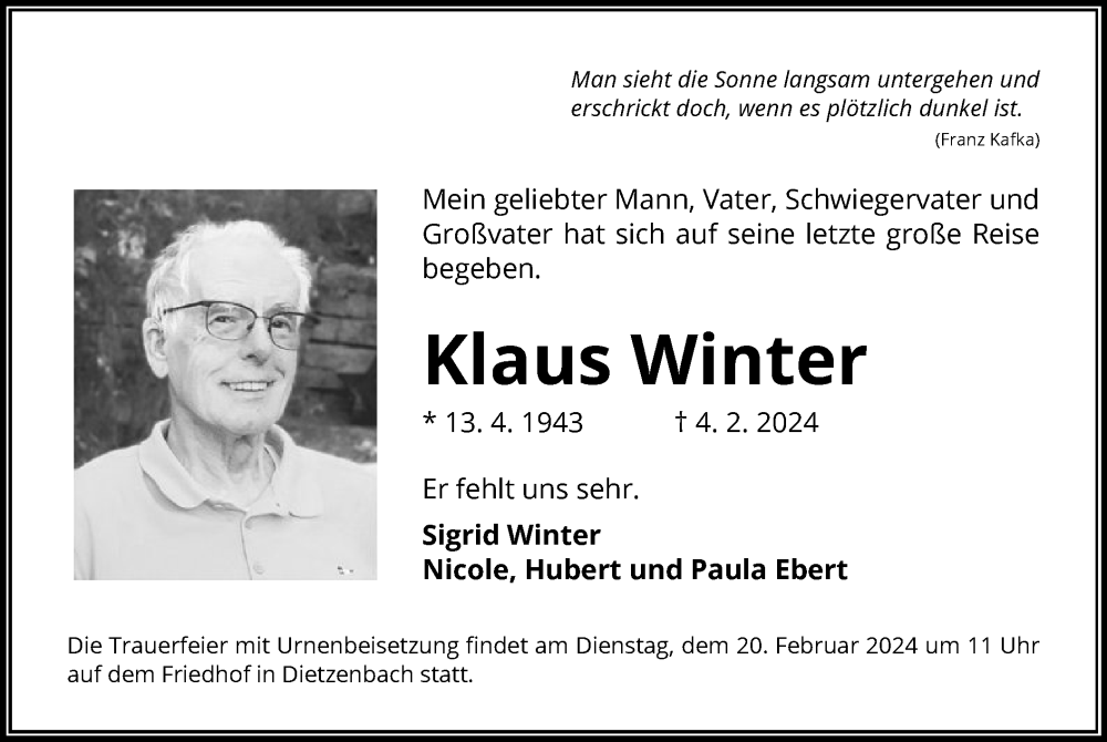  Traueranzeige für Klaus Winter vom 17.02.2024 aus OF