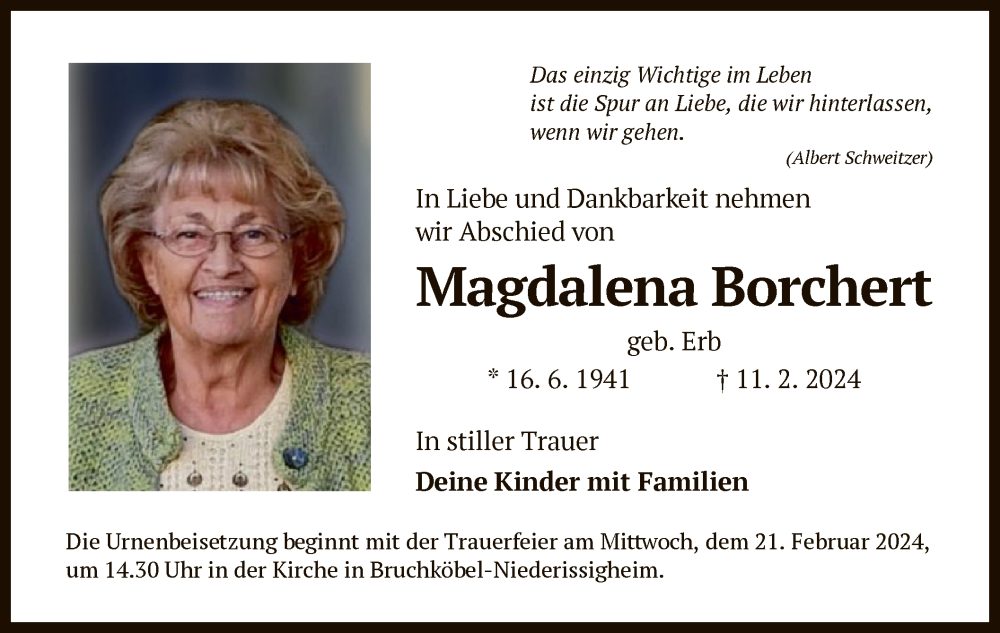  Traueranzeige für Magdalena Borchert vom 17.02.2024 aus OF