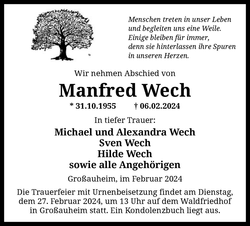  Traueranzeige für Manfred Wech vom 17.02.2024 aus OF