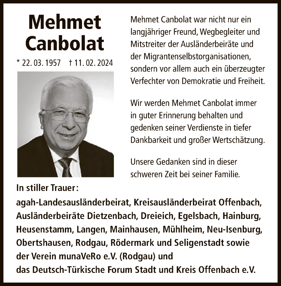  Traueranzeige für Mehmet Canbolat vom 24.02.2024 aus OF