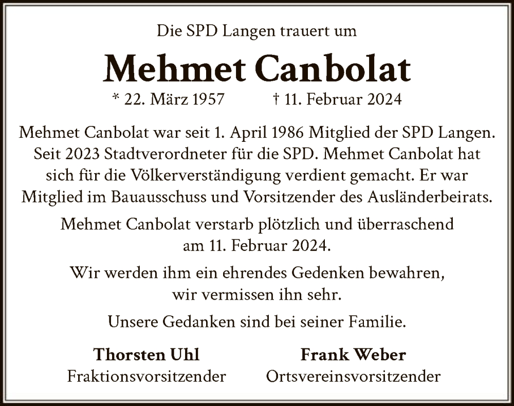  Traueranzeige für Mehmet Canbolat vom 17.02.2024 aus OFOF