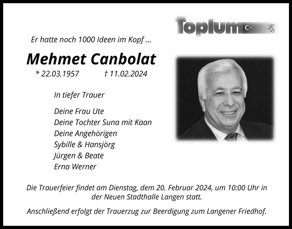  Traueranzeige für Mehmet Canbolat vom 17.02.2024 aus OF