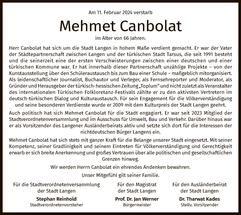  Traueranzeige für Mehmet Canbolat vom 17.02.2024 aus OFOF